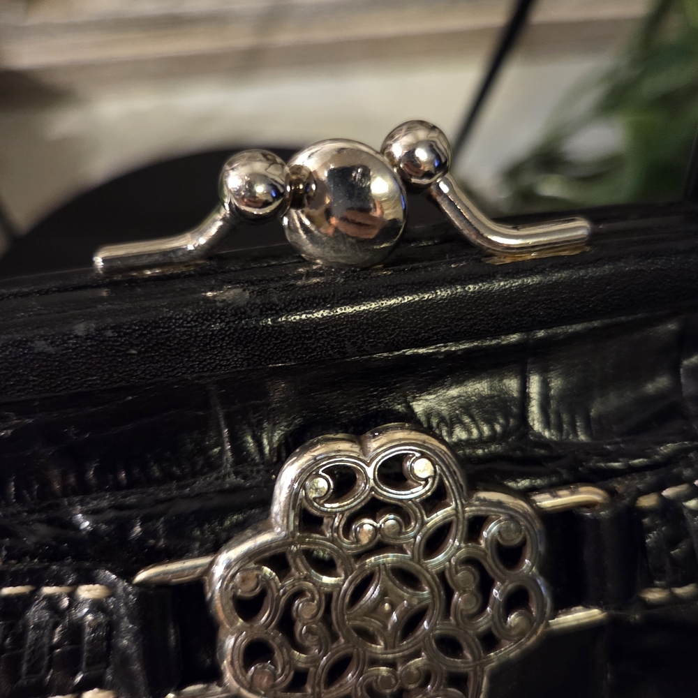 Brighton Black Croc Embossed Leather Kiss Lock Coin Elegant Black Leather Clutch - Picture 4 of 12